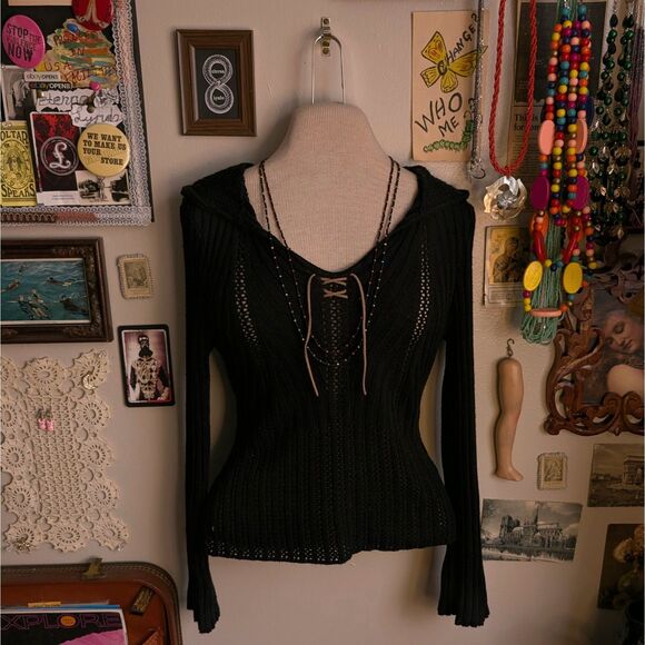 Say What? Sweaters - Vintage Knit Hoodie Sweater Women's Small/Medium Black